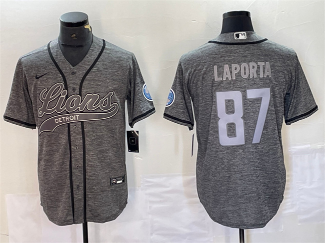 Men's Detroit Lions #87 Sam LaPorta Grey Cool Base Stitched Baseball Jersey Men's Detroit Lions #87 Sam LaPorta Grey Cool Base Stitched Baseball Jersey
